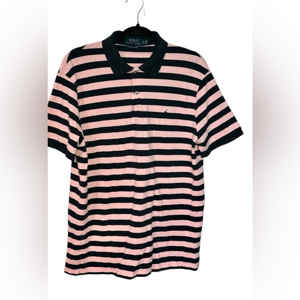 Polo Ralph Lauren‎ Mens XL Custom Slim Fit Striped Polo Shirt Pink Navy Blue
